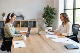 Deux femmes professionnelles travaillent dans un bureau lumineux, l'une est freelance avec un ordinateur portable et des écouteurs, l'autre est salariée sur un poste fixe avec des documents, illustrant le choix entre secrétaire indépendant ou assistante s