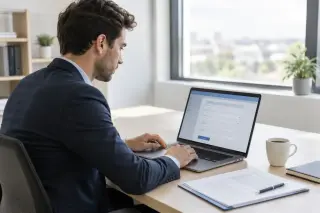 Un homme seul travaille sur un ordinateur portable dans un bureau moderne et lumineux, avec quelques documents et une tasse de café sur la table.
