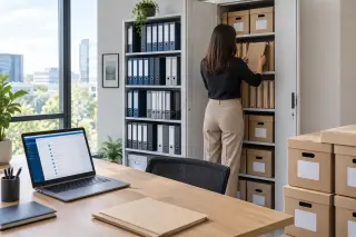 Femme de dos rangeant des dossiers dans une armoire d'archives dans un bureau lumineux avec étagères et ordinateur sur le bureau, ambiance organisée et professionnelle.